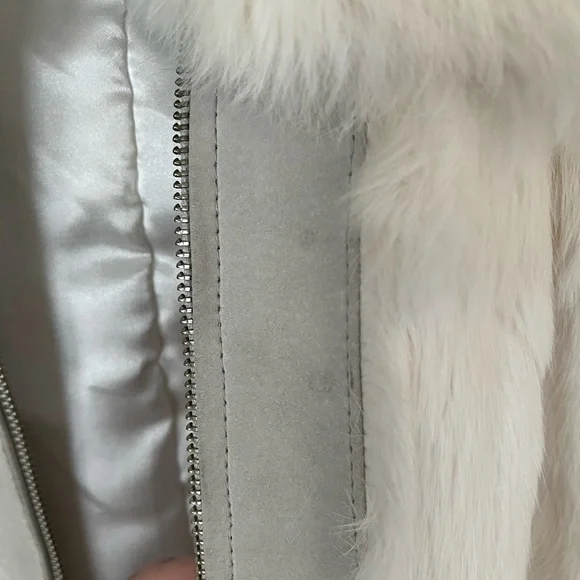 Mixit Vintage sz L cream/ taupe Y2K Real Rabbit Fur & Leather Bomber Jacket - Picture 9 of 15